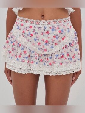 For Love & Lemons Ditsy Day White Mini Skirt with Red & Blue Floral Print - S